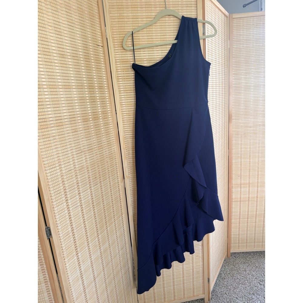 MUSE Navy Blue One Shoulder Asymmetrical Ruffle Hem Cocktail Midi Dress